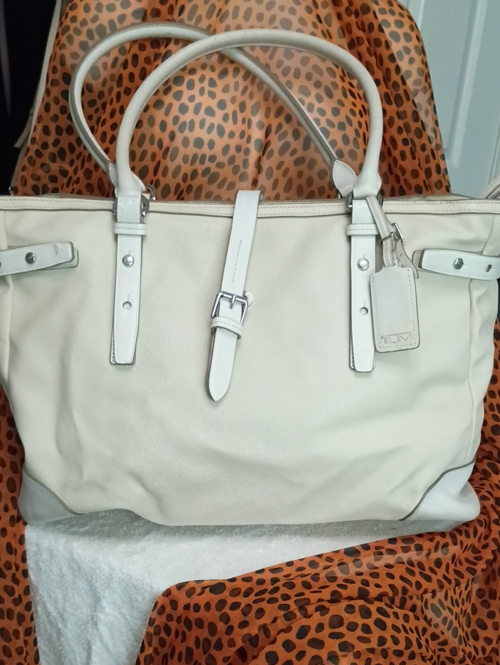 Tumi Ivory Leather Tote with Silver Hardware
